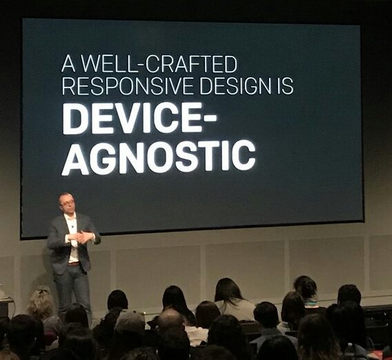 Arnaud Delafosse on Twitter: “A well-crafted responsive design is device-agnostic.” Photo of a talk by Ehtan Marcotte