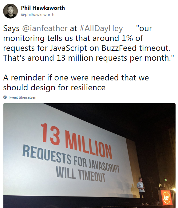 Phil Hawksworth on Twitter: Our monitoring tells us that around 1% of requests for JavaScript on BuzzFeed timeout. That's around 13 million requests per month.